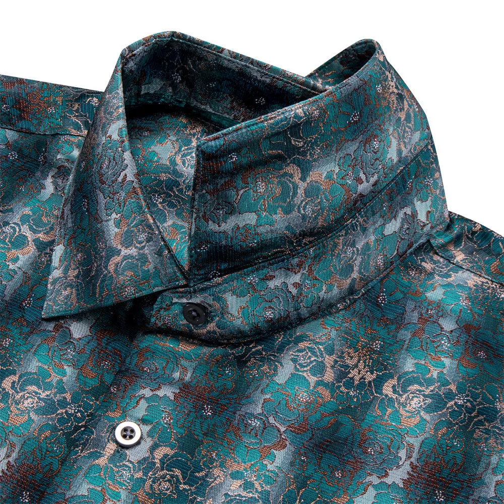 YourTies Shirt for Men Midnight Green Floral Silk Long Sleeve Button Down Shirt