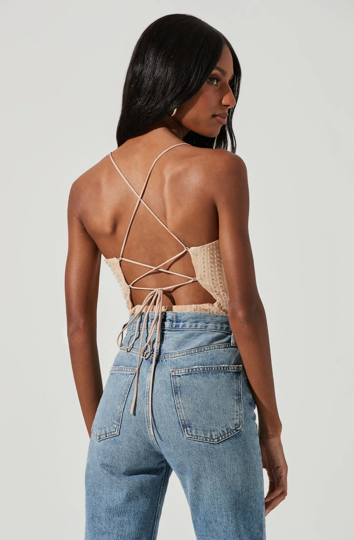 Zahara Beaded Strappy Bodysuit in Nude