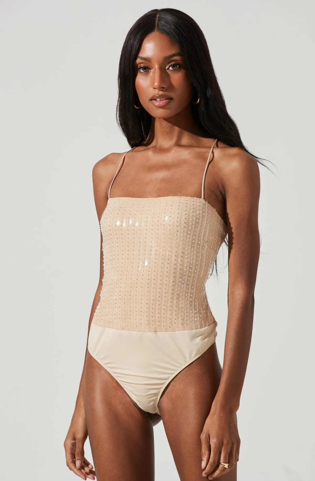 Zahara Beaded Strappy Bodysuit in Nude