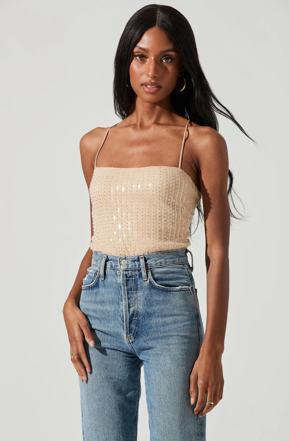 Zahara Beaded Strappy Bodysuit in Nude